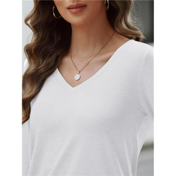 New Women's 3/4 Sleeve V-Neck Casual Basic Trendy Tee‎ Blouses, White - Picture 5 of 7